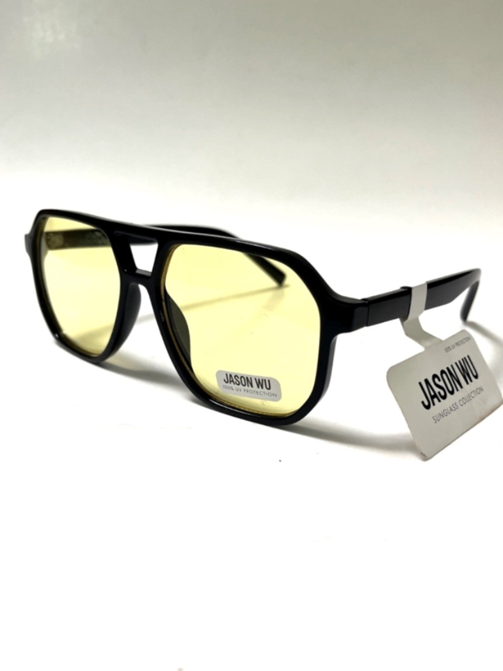 NWT JASON WU Double Bridge Aviator Sunglasses Black Frame Yellow Lens